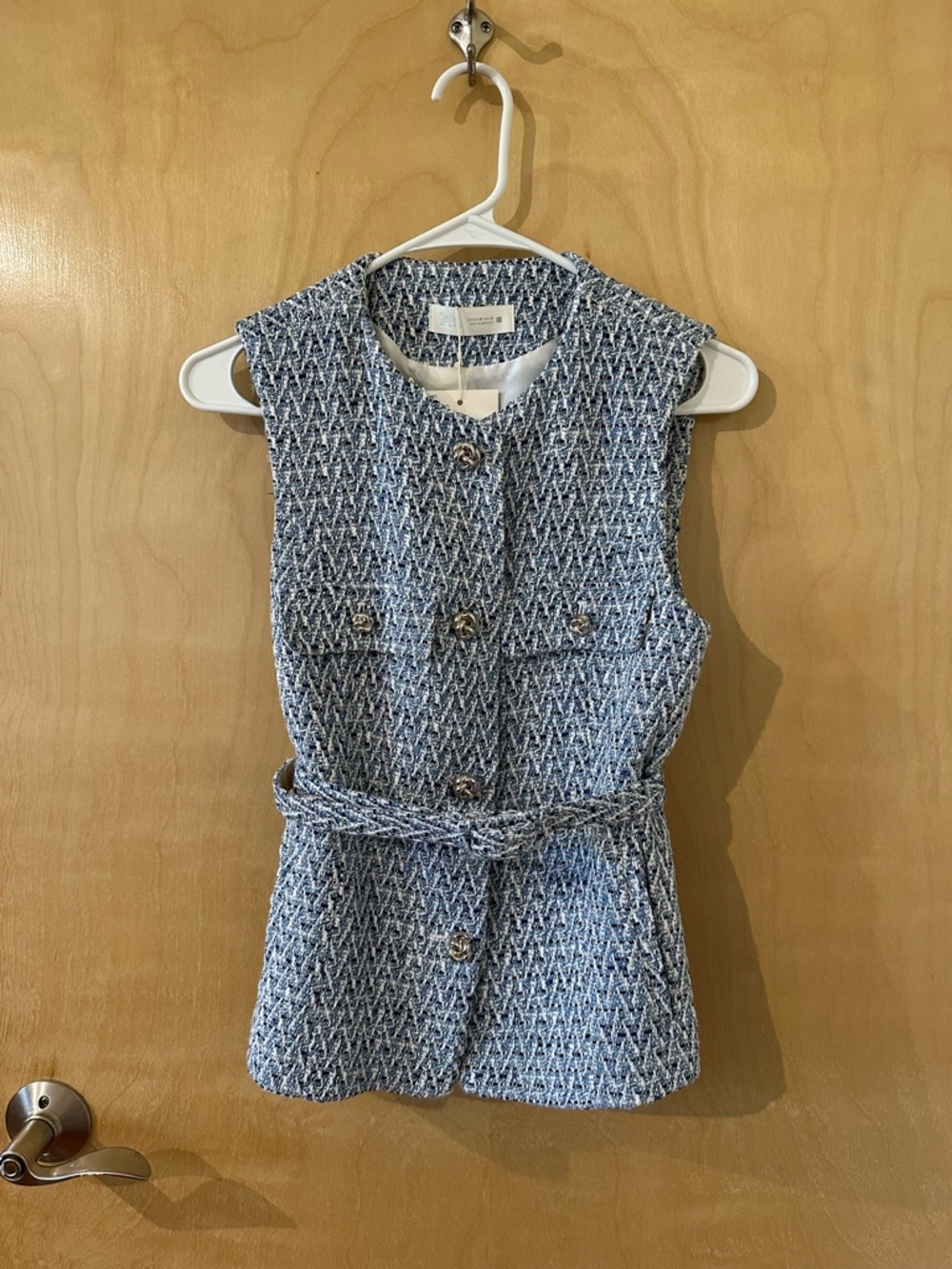 NWT Zara Sleeveless Metallic Blue Tweed Belted Vest